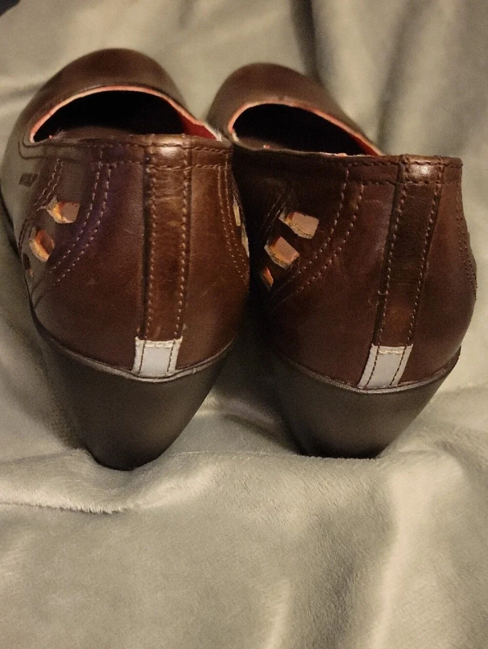 Merrell Dark Brown Leather Wedge Pumps with Red Lining